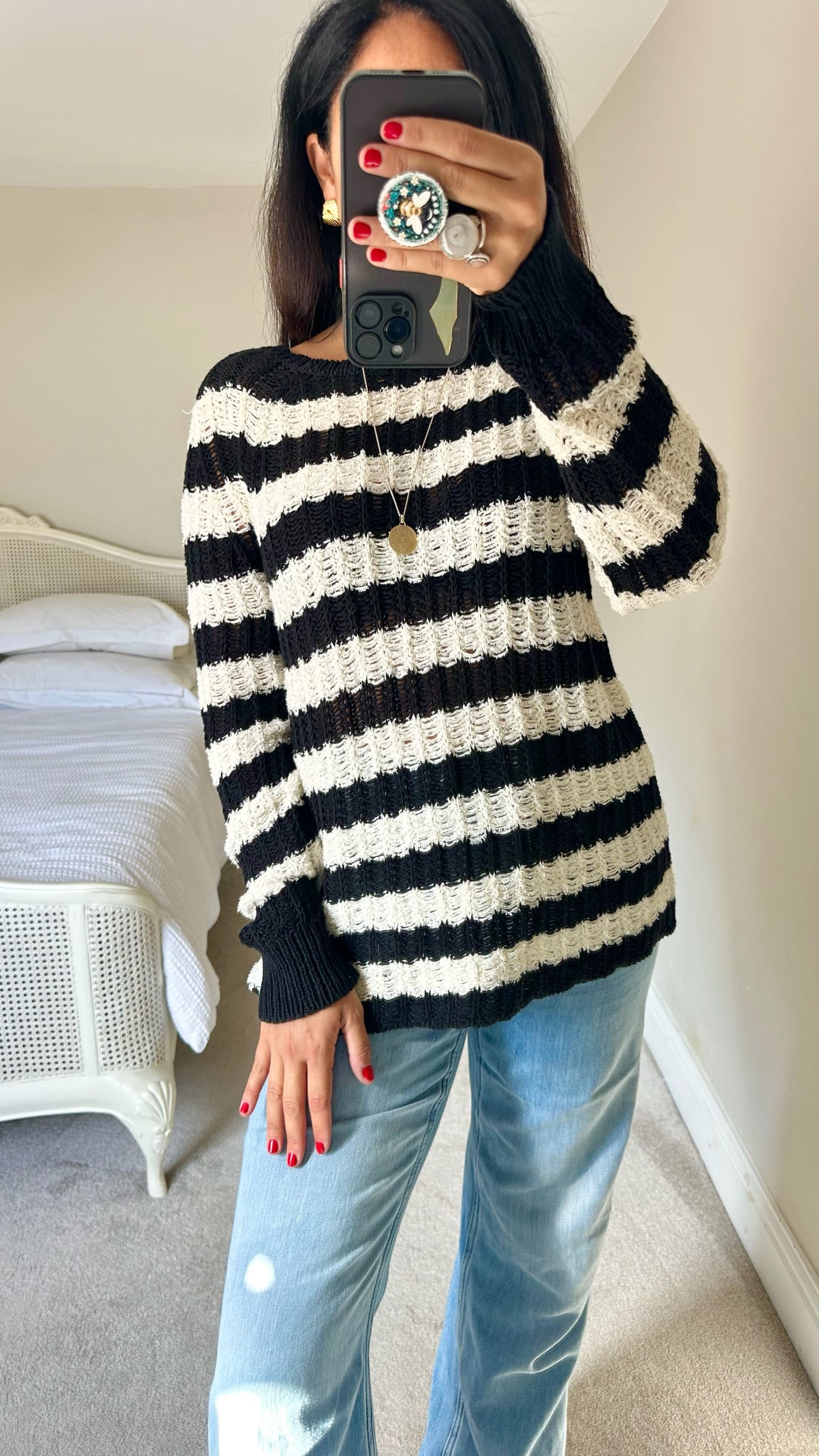 Jigsaw linen blend lightweight black cream jumper large UK 12 vgc w25