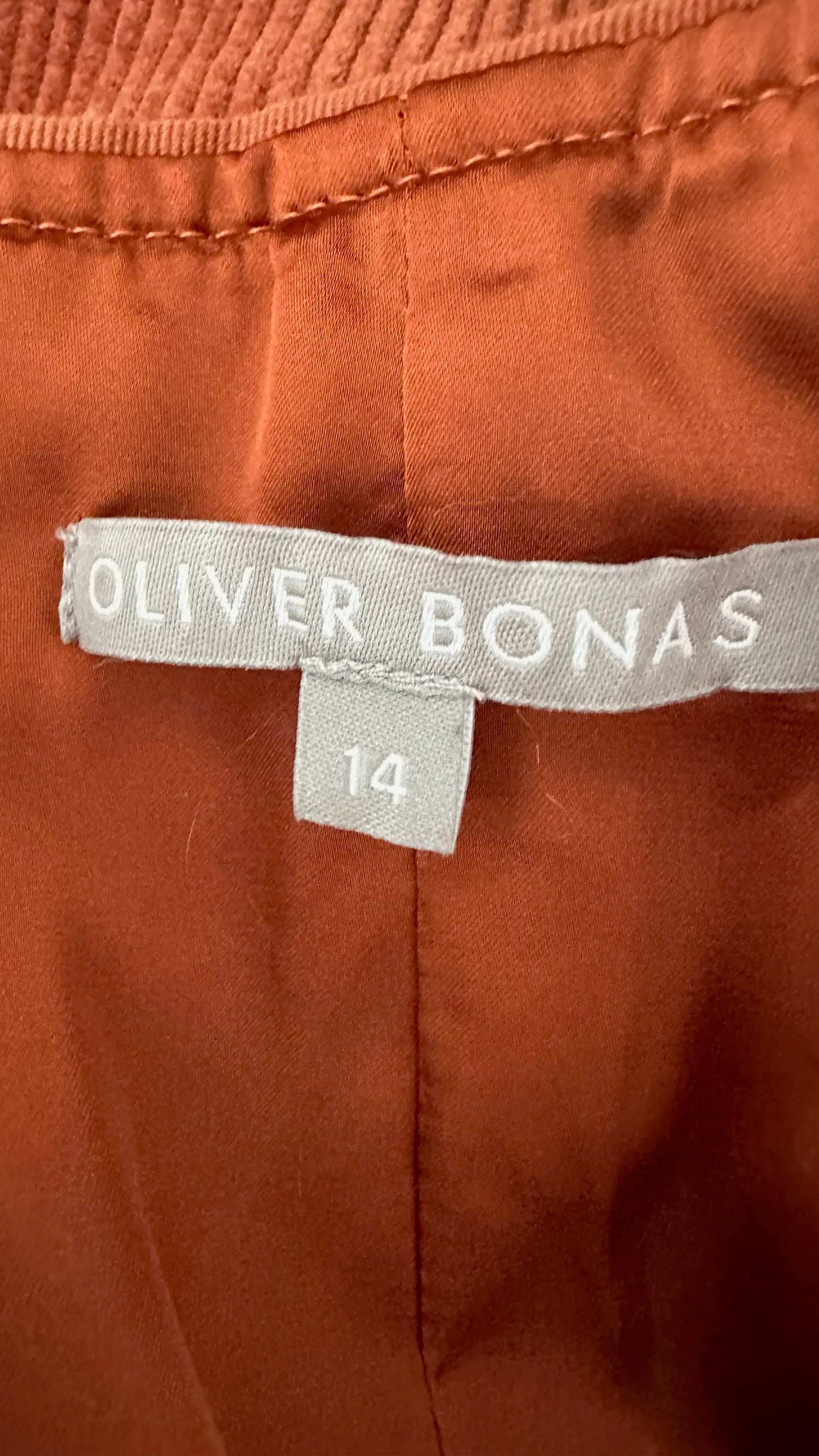 Oliver bonas burnt orange corduroy zip up mini dress extra large UK 14 vgc w25