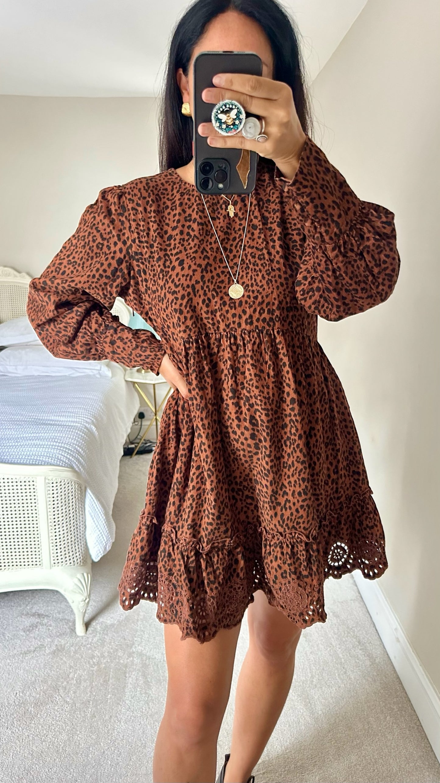 Nobody's child leopard animal cord cut out lace casual dress large UK 12 vgc w25