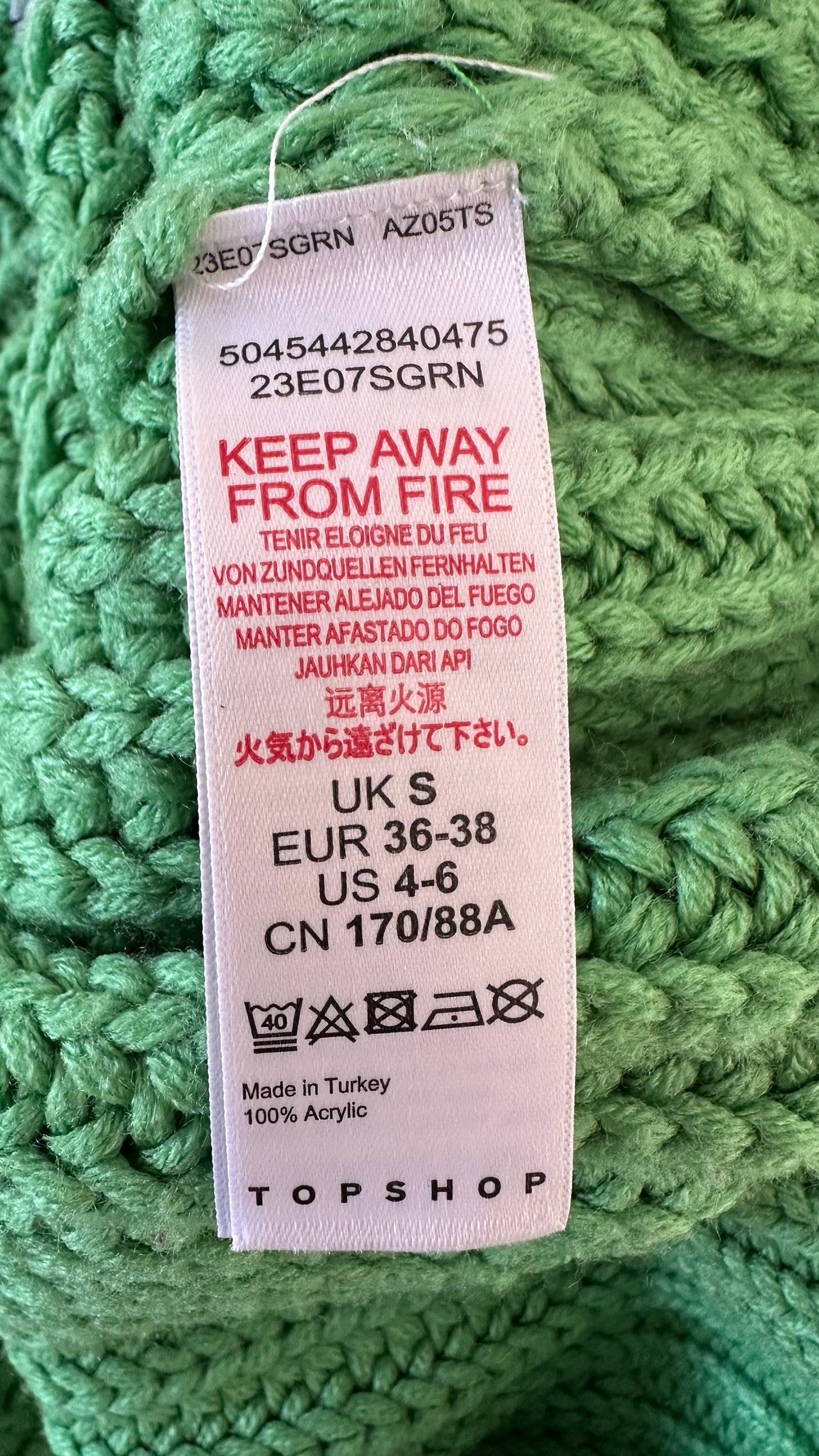 Topshop pea green chunky knit jumper small UK 8-10 vgc w25