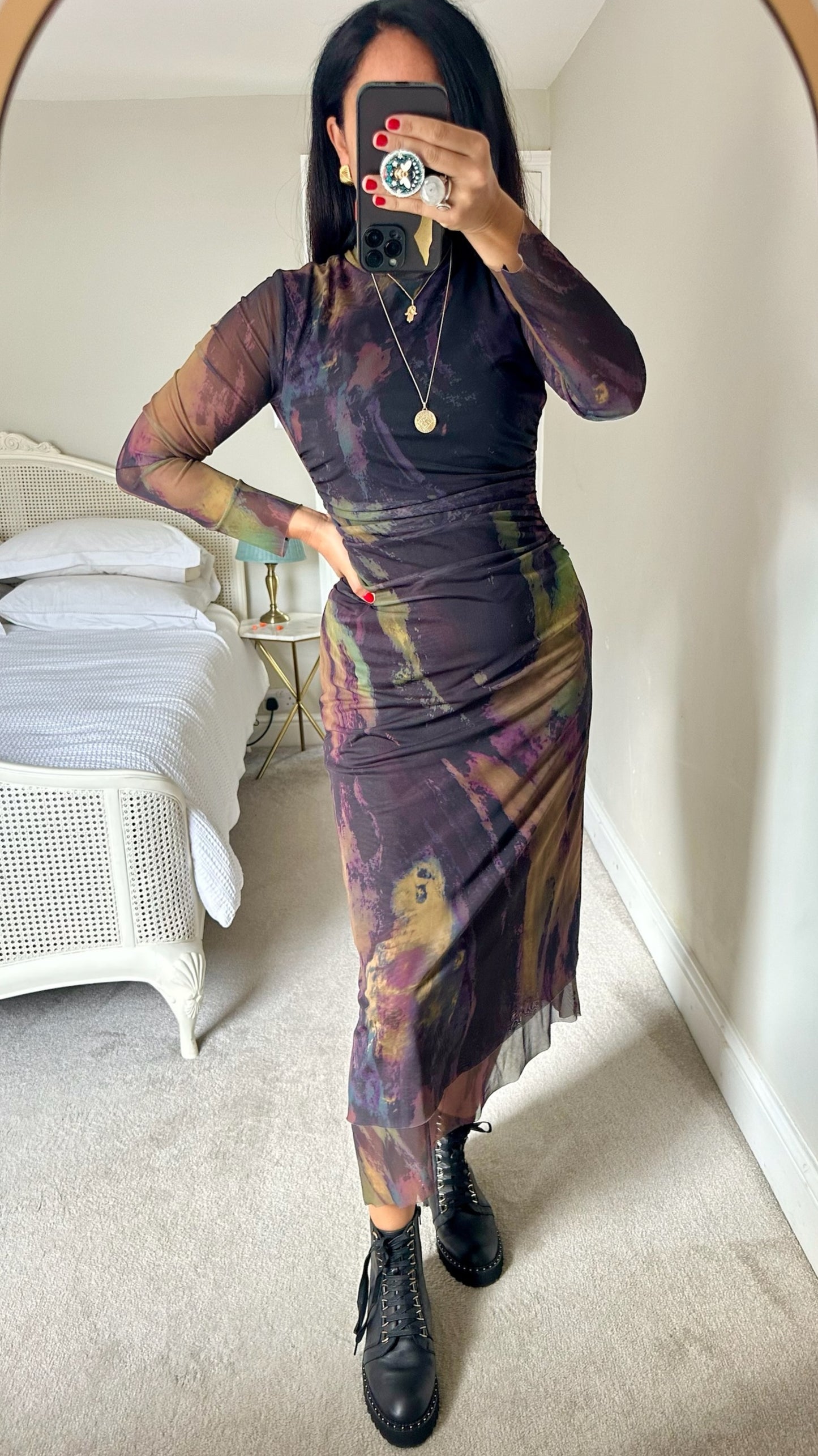 Zara purple khaki acid wash mesh event dress backless large UK 12 vgc w25