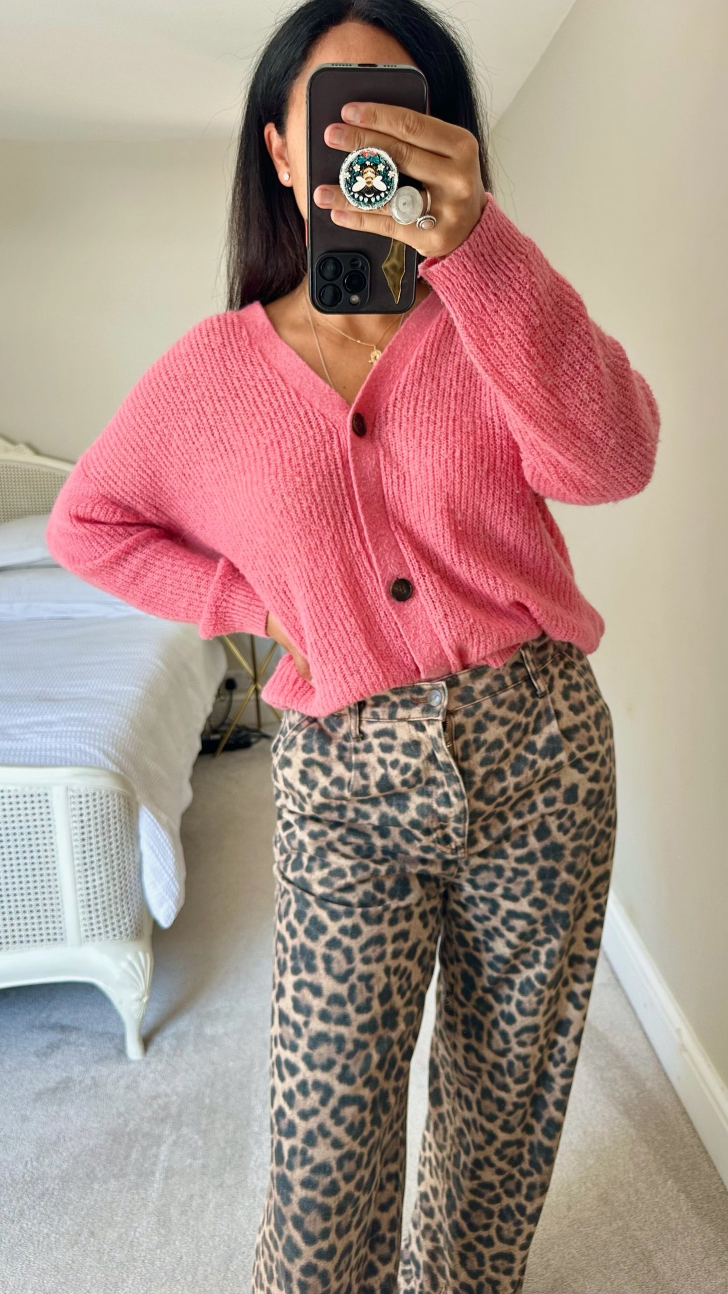 Oliver bonas fuchsia pink alpaca blend knitted cardigan oversized small UK 8-10 vgc w25