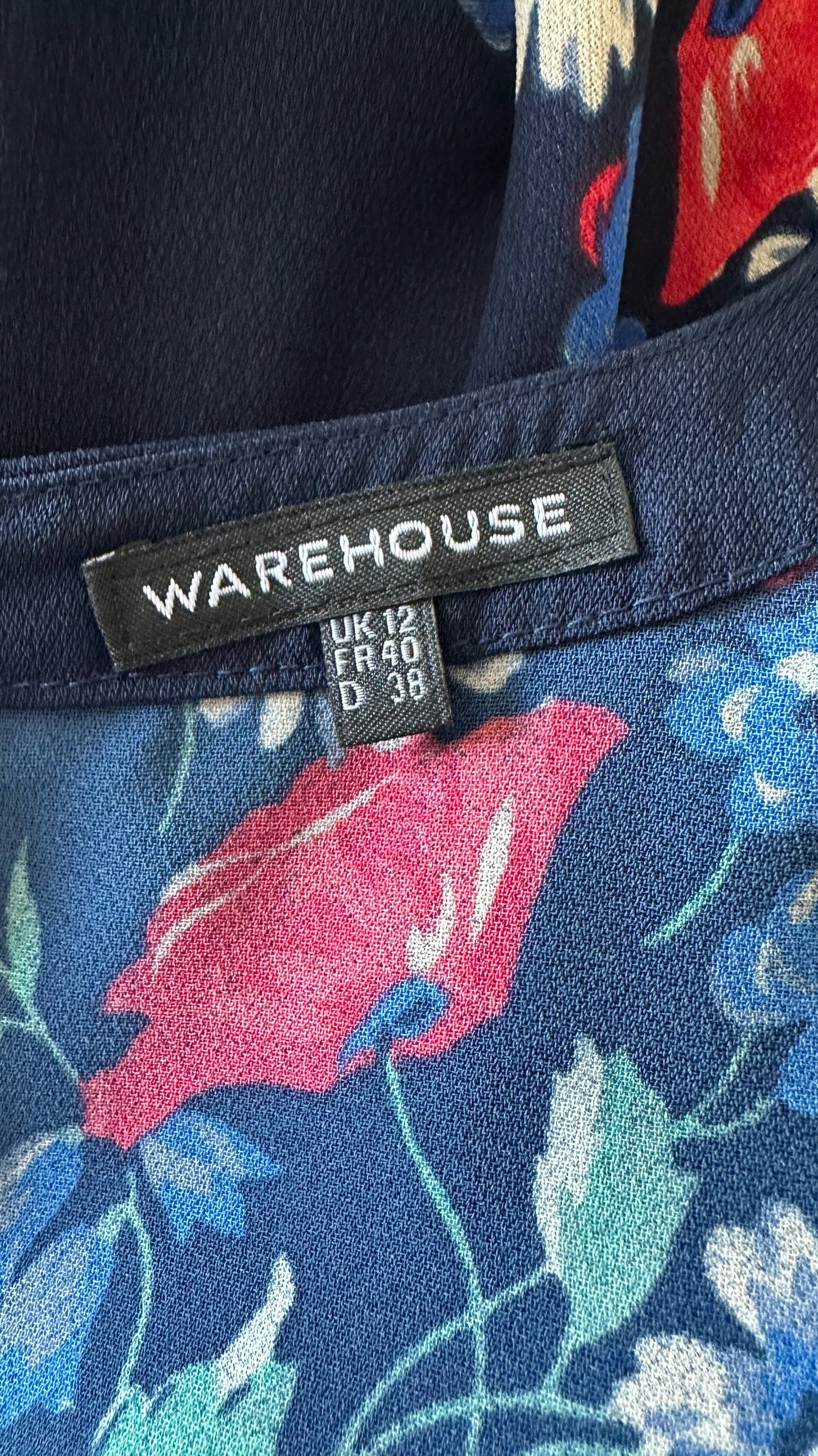 Warehouse navy blue red floral mini dress large UK 12 vgc w25