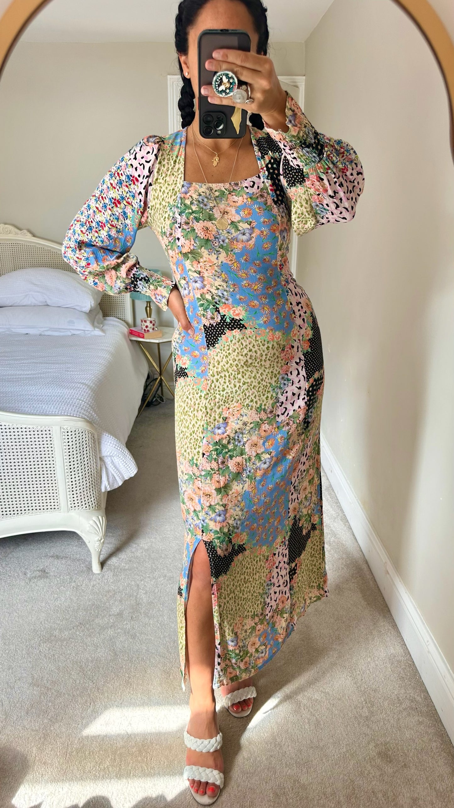 Warehouse pink blue patchwork leopard print side split midi dress small UK 8 vgc
