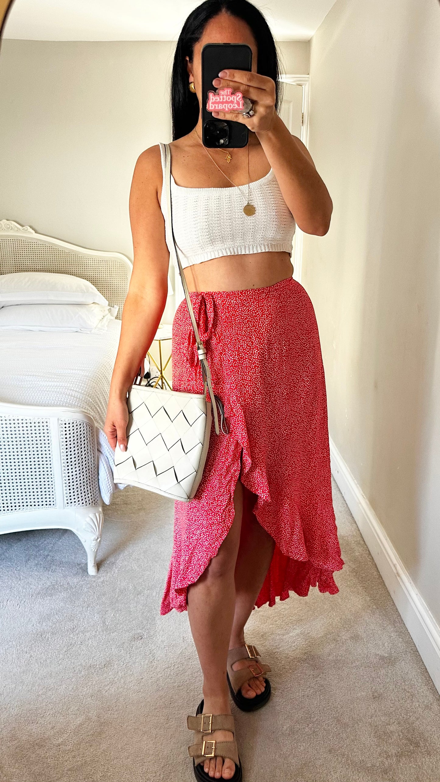 & other stories red white floral wrap high low midi skirt small UK 8 vgc