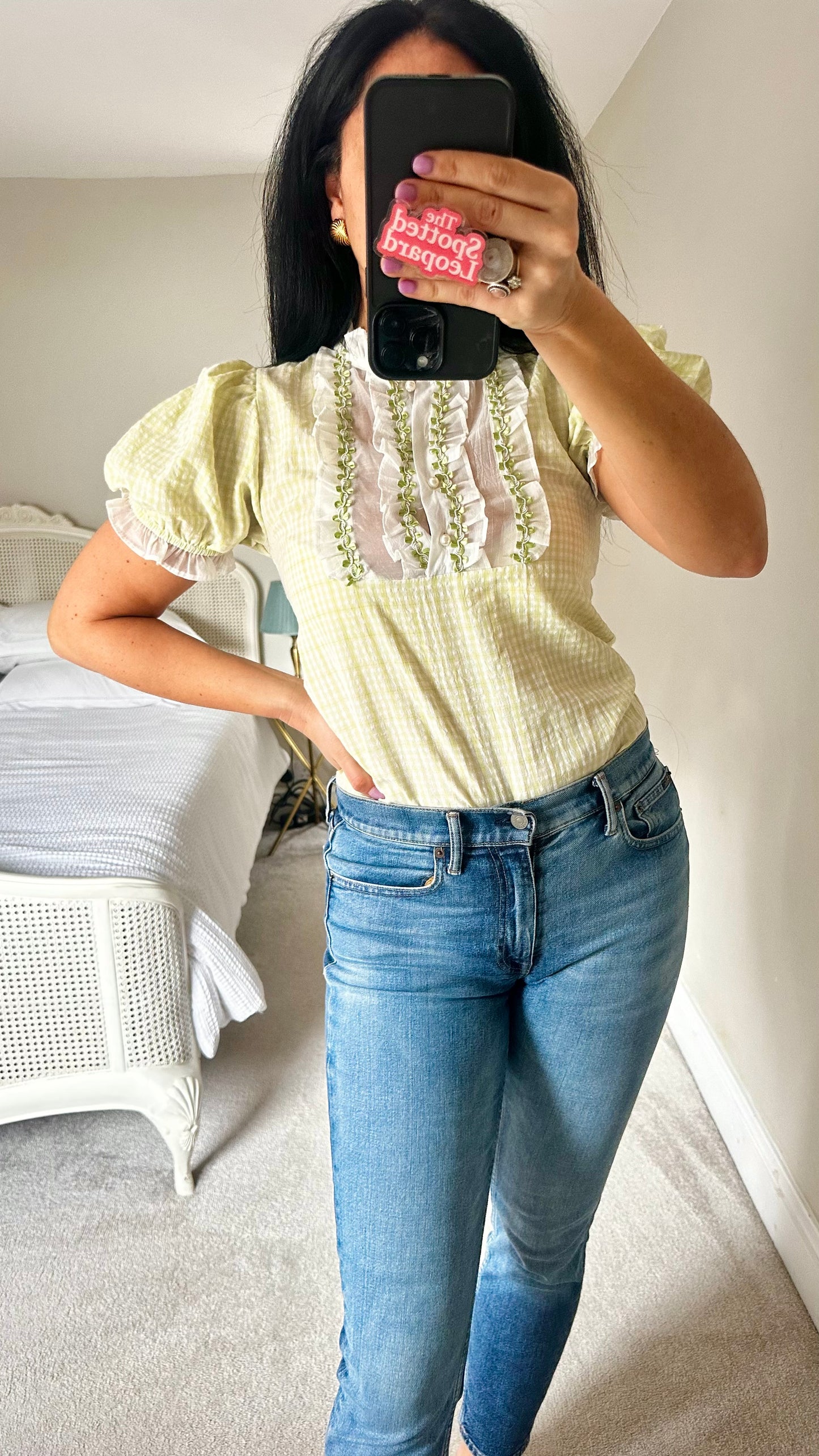 Sister Jane green white gingham check shirt top small UK 8 vgc