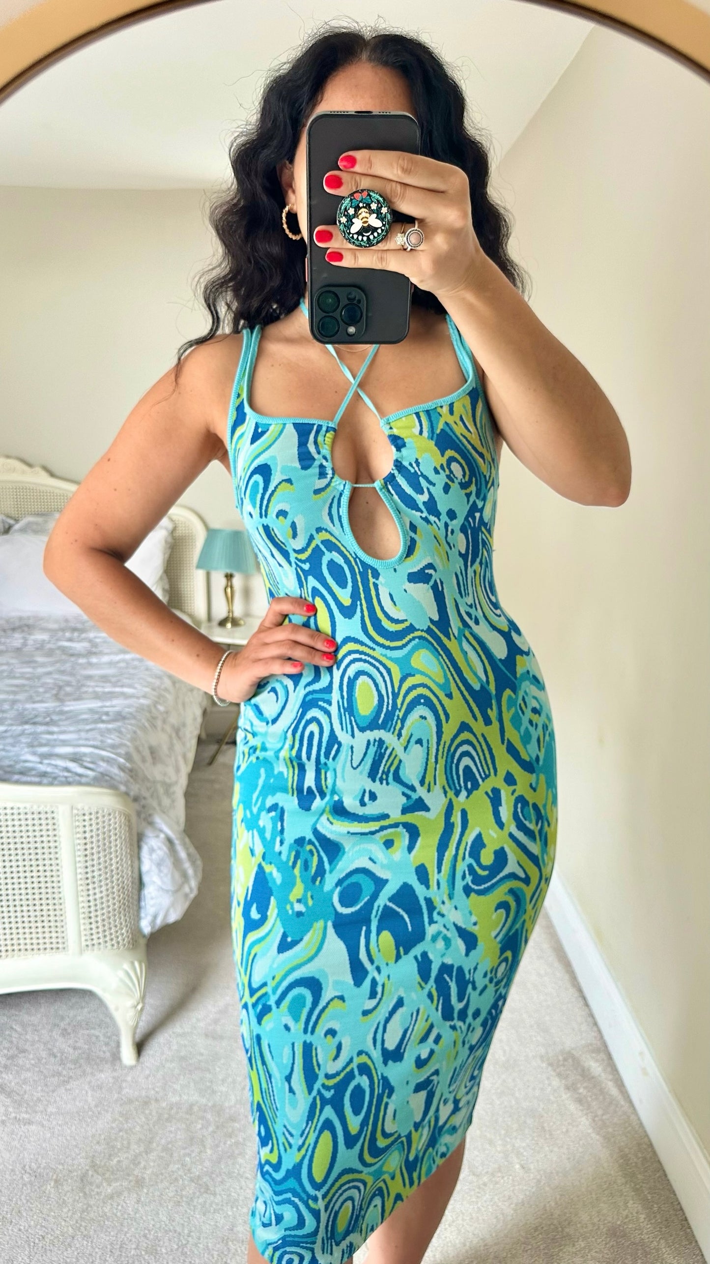Zara blue green spiral wave hippy pattern midi dress holiday small S UK 8 vgc