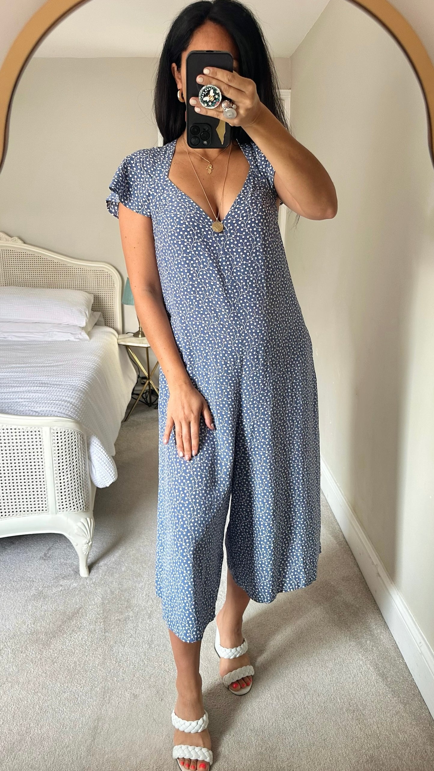 French connection blue white cornflower culotte flutter sleeve crop jumpsuit medium M UK 10