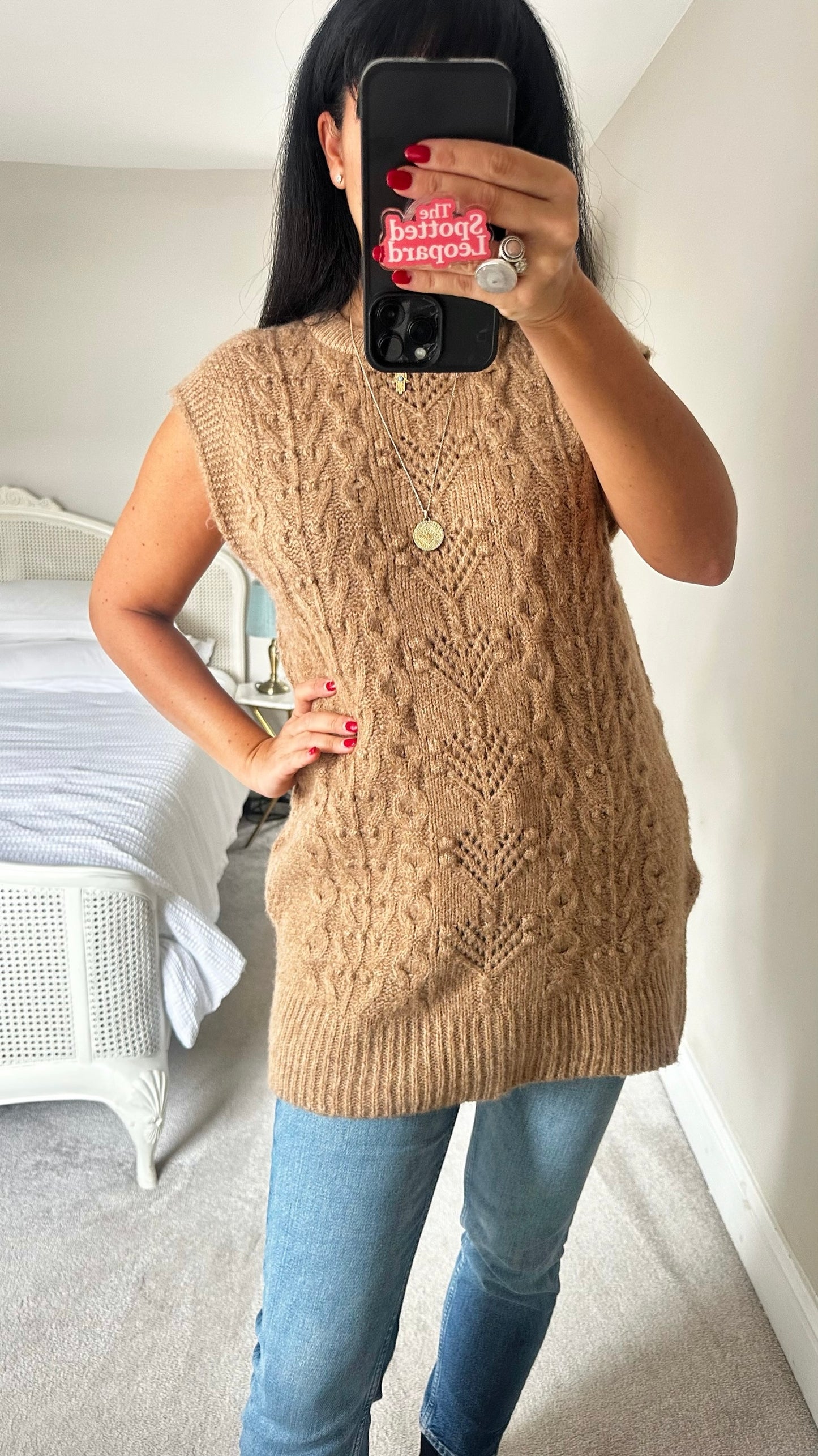 Warehouse beige tan brown knit tabard vest waistcoat large L UK 12 excellent used condition