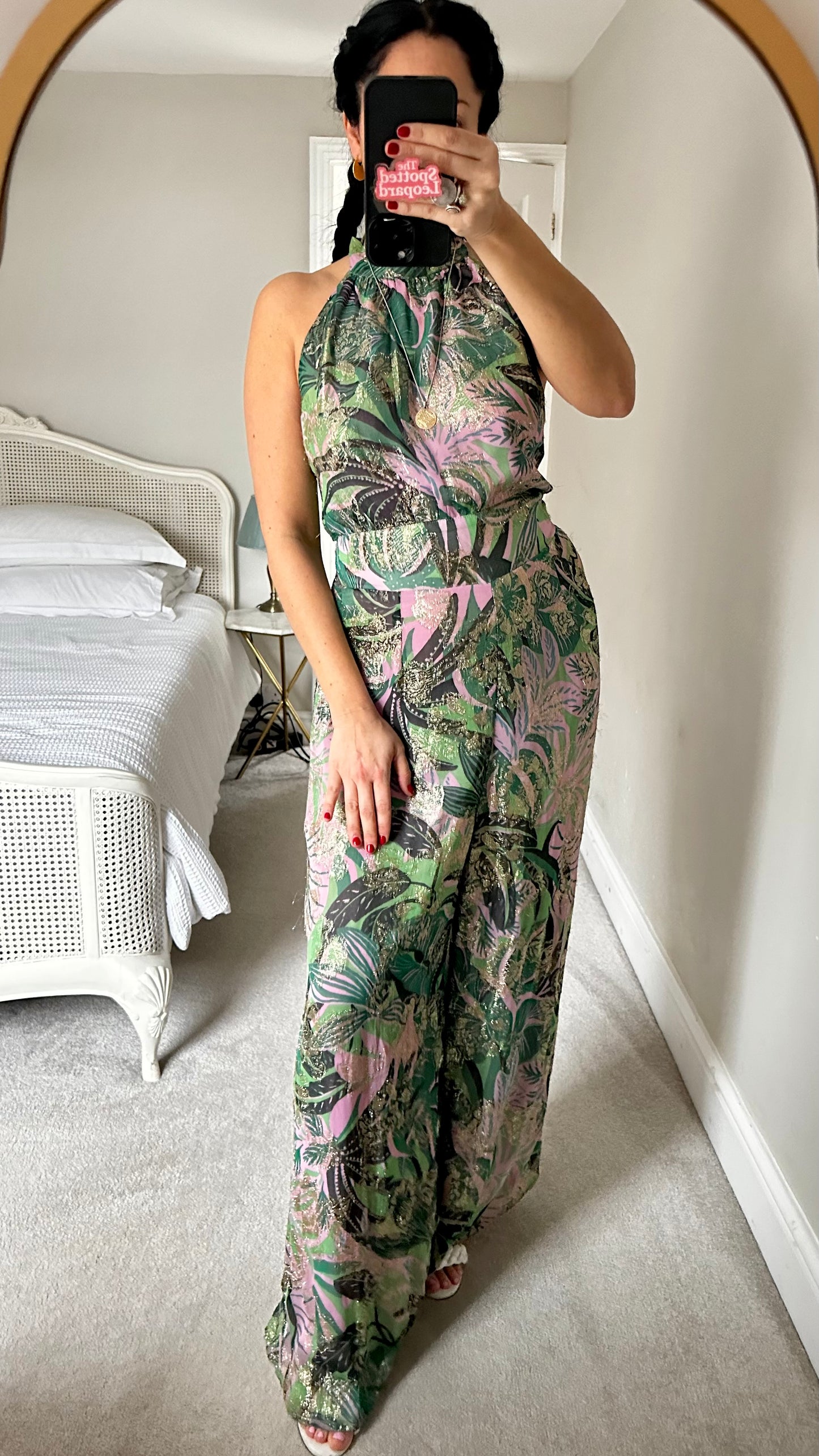Oliver Bonas green pink gold jungle print halterneck jumpsuit trousersuit small UK 10 wedding guest event vgc