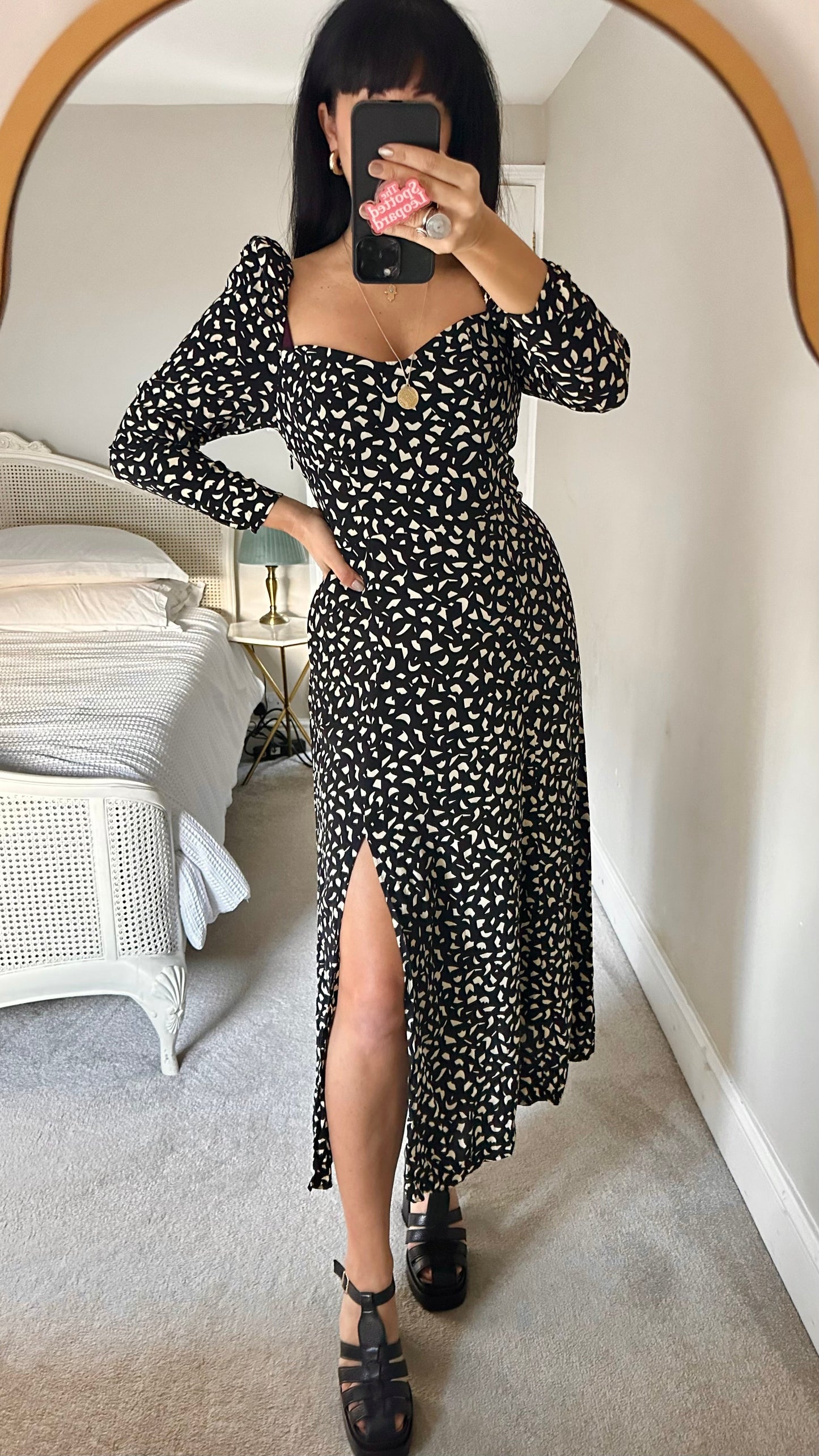 & other stories black cream abstract side split squiggle midi event dress small UK 8 vgc