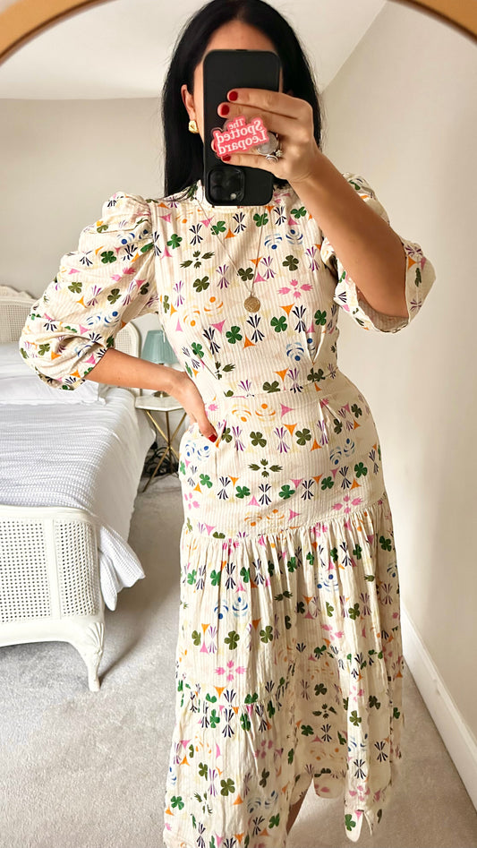 Stella Nova cream green pink clover print scalloped midi long holiday event dress small UK 8 vgc cotton