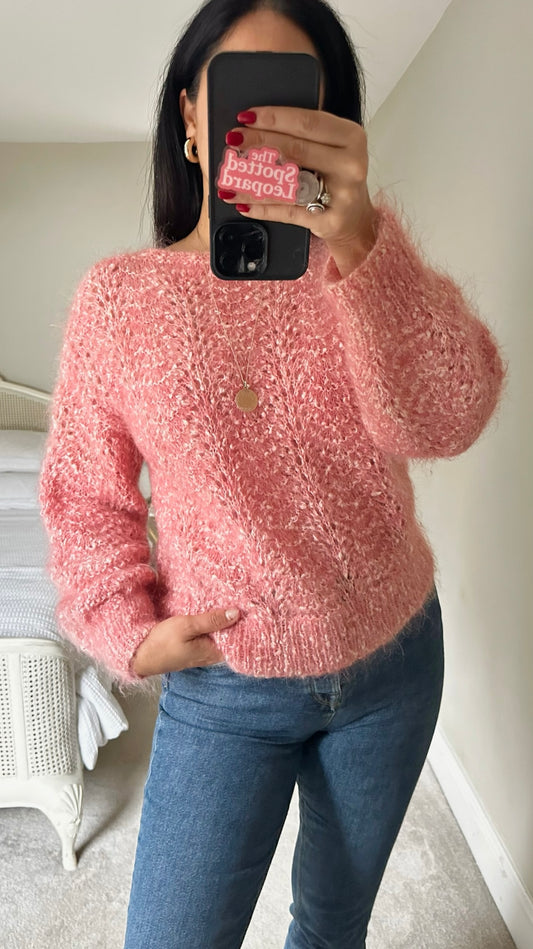 Pink wool blend handmade knitted jumper small UK 8 vgc XMS25