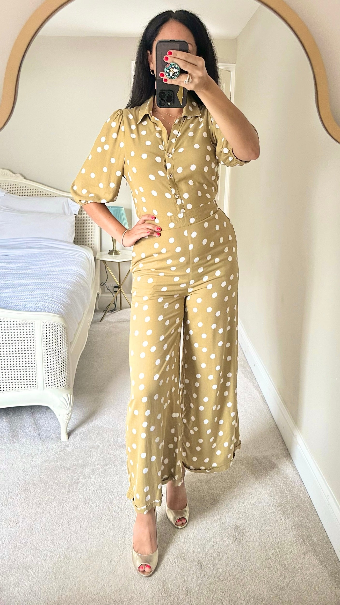 Anthropology beige khaki white polka dot jumpsuit small S UK 8 vgc