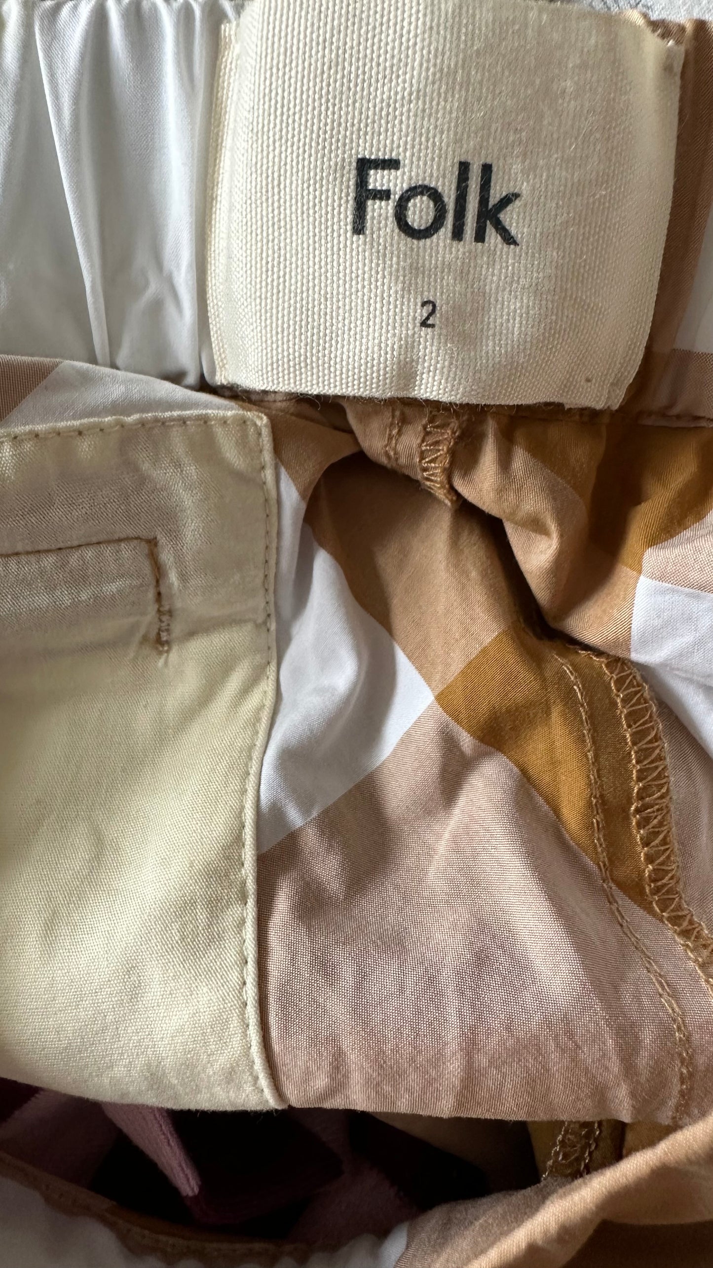 FOLK brown beige white gingham co ord shorts shirt set vgc