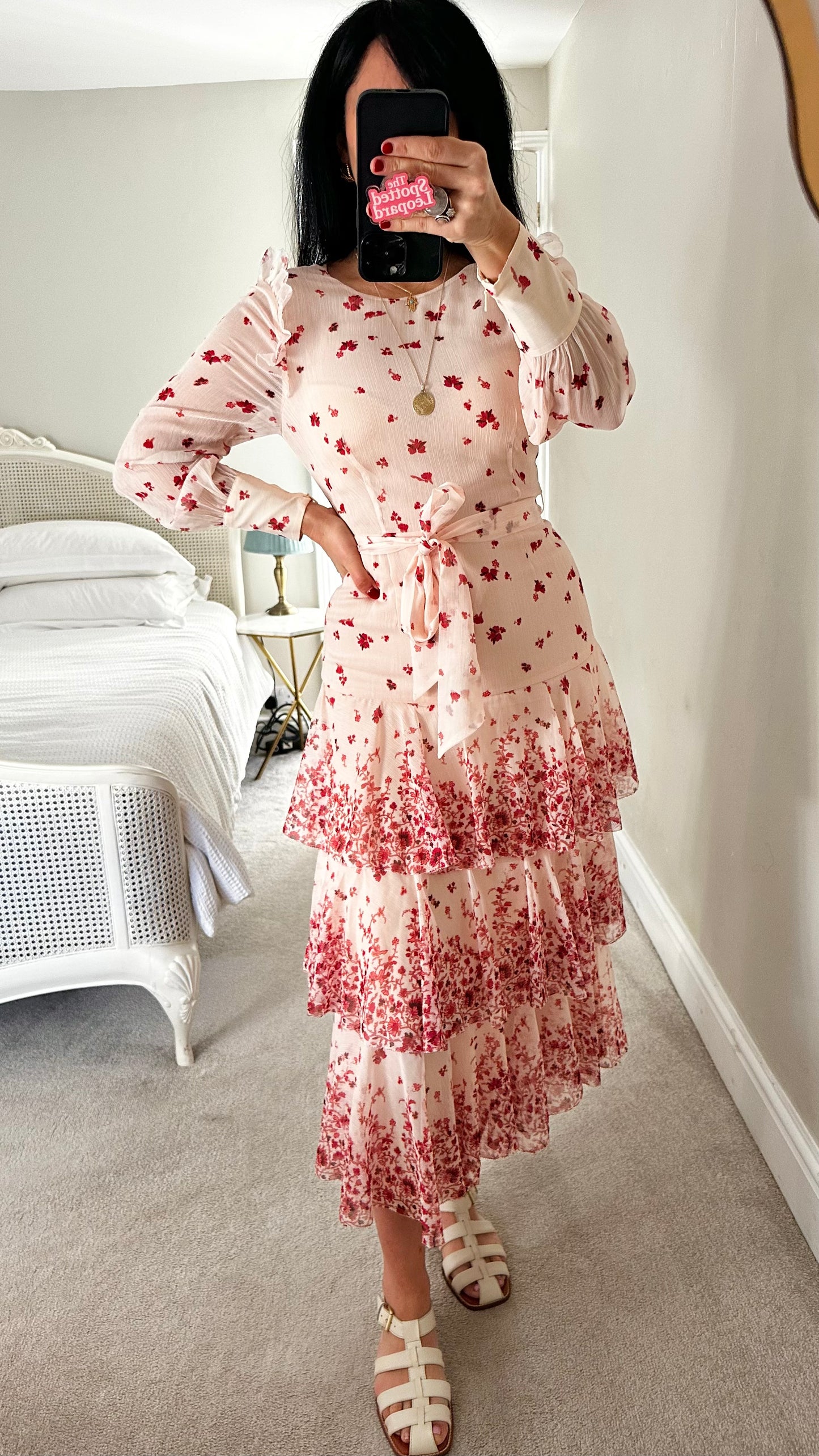 Whistles rose pink burgundy floral tiered midi long wedding guest dress small UK 8 vgc