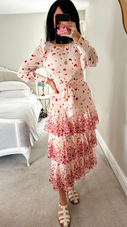 Whistles rose pink burgundy floral tiered midi long wedding guest dress small UK 8 vgc