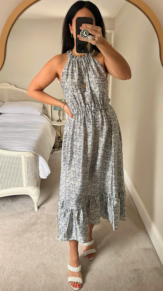 Zara green blue white mini floral print halterneck satin-feel maxi dress wedding guest large L UK 12 vgc