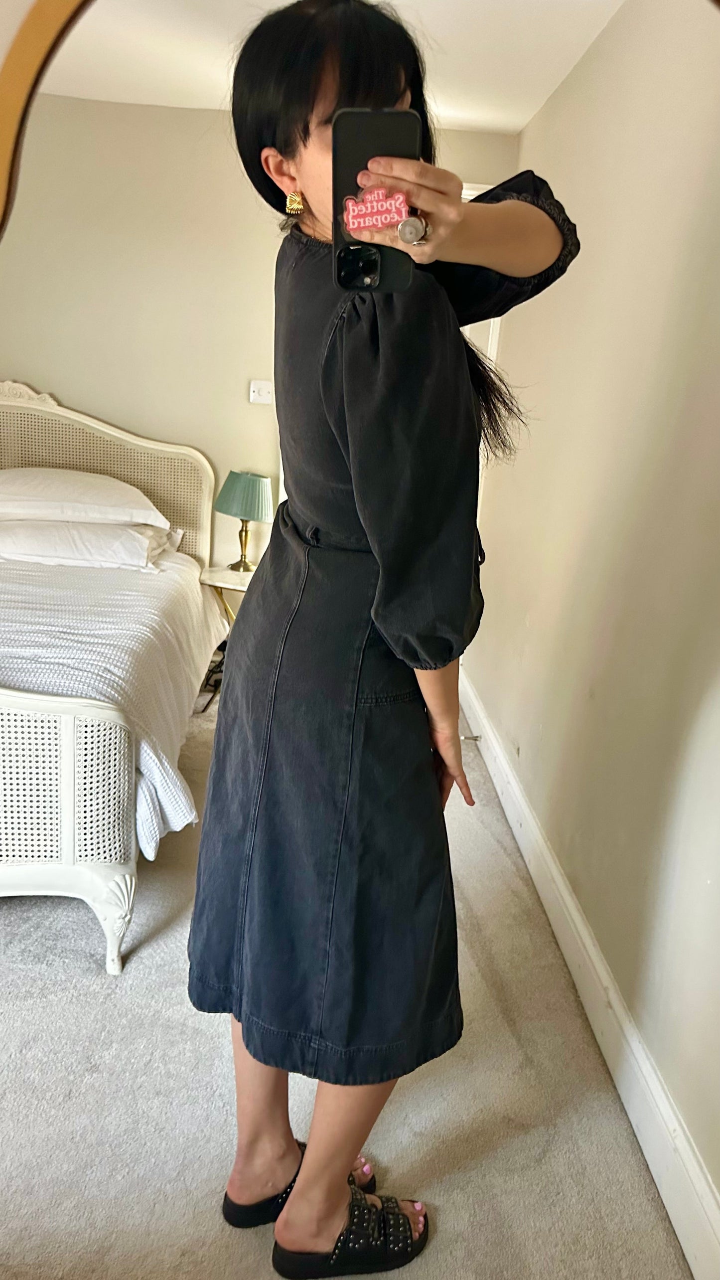 Oliver Bonas black denim jeans button up midi dress small UK 10 vgc