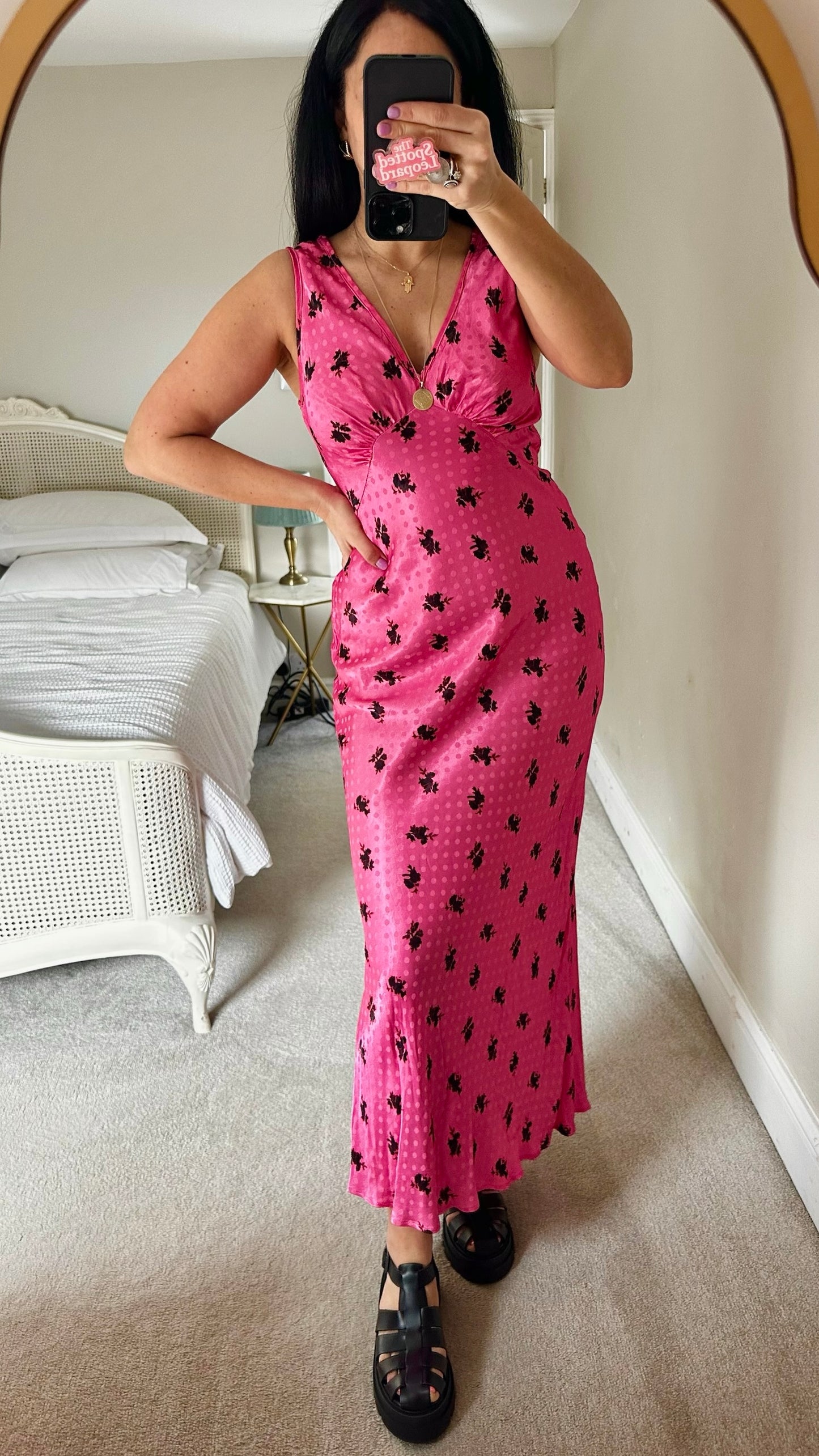 Topshop fuchsia pink black floral maxi slip dress UK 10 vgc