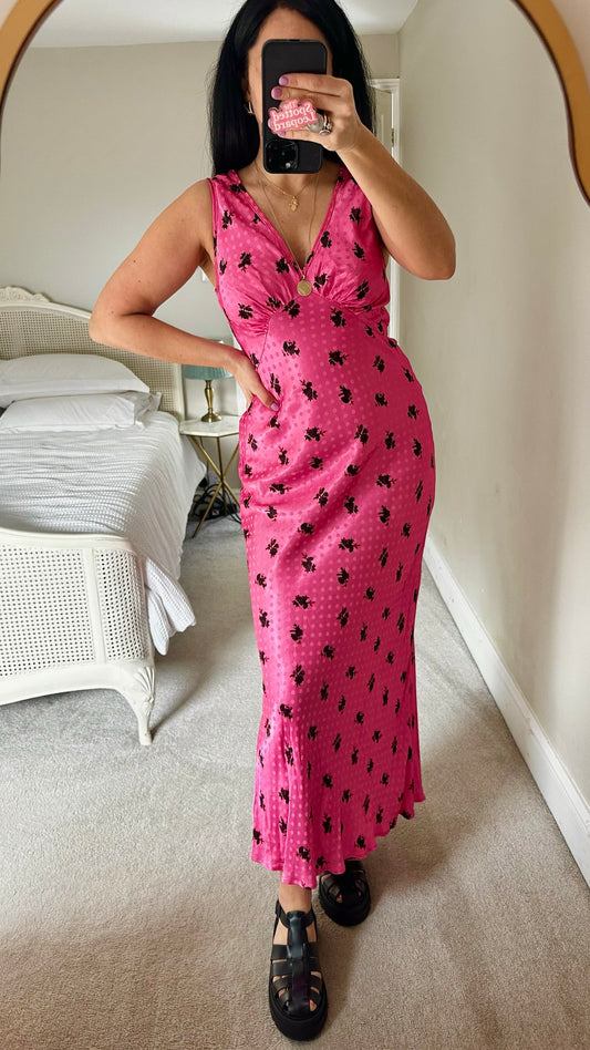 Topshop fuchsia pink black floral maxi slip dress UK 10 vgc