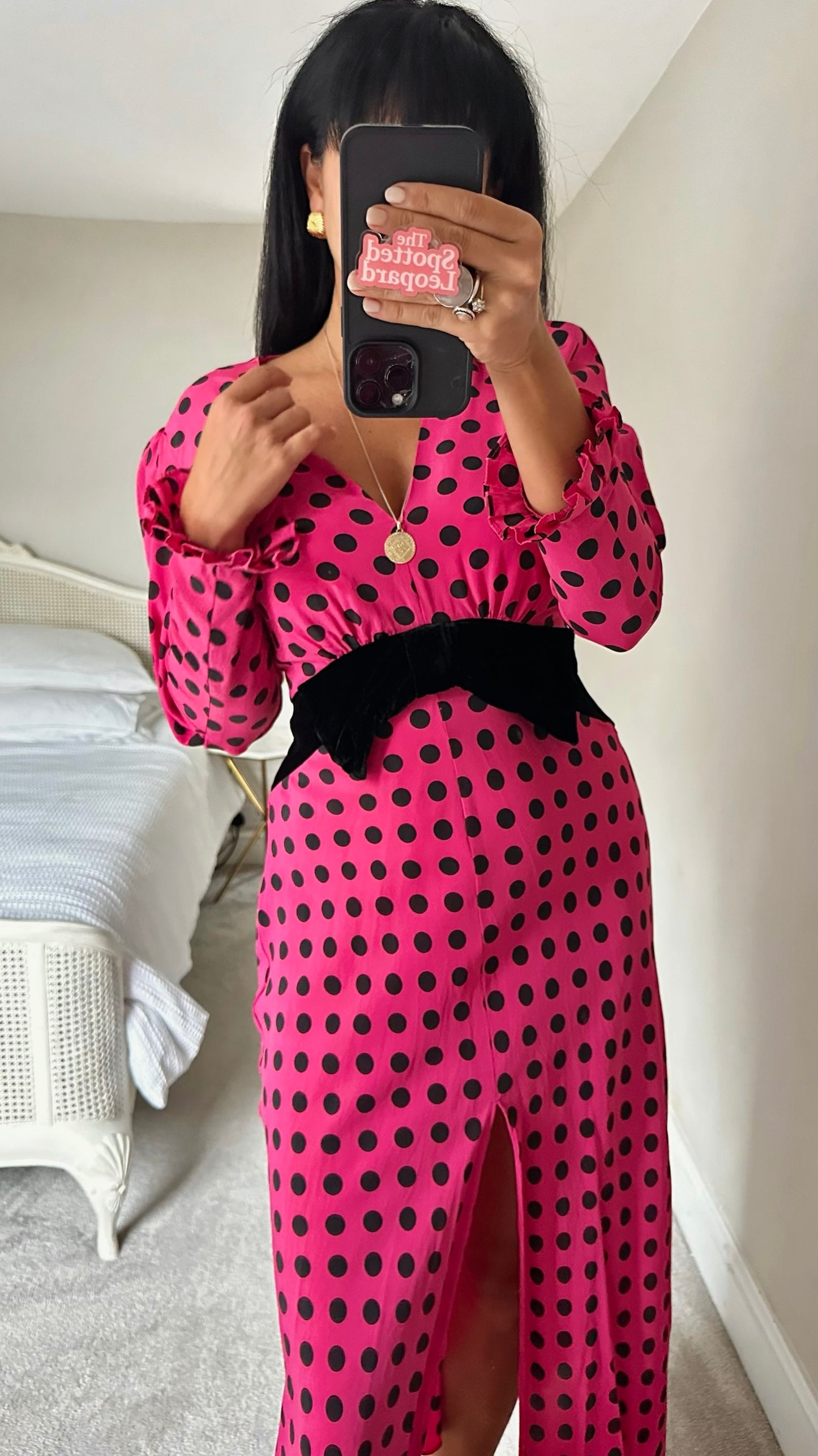 RIXO fuchsia pink black polka dot front split long event dress medium M UK 10 excellent used condition