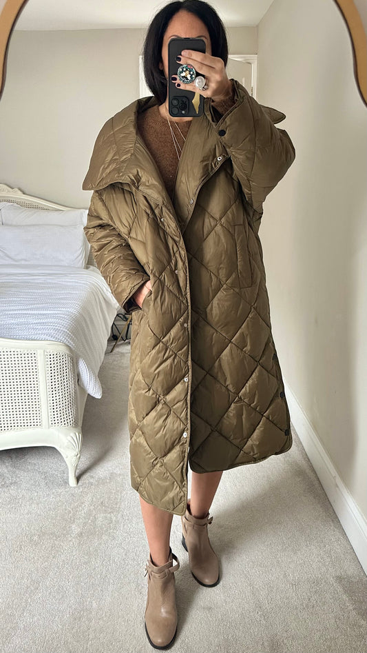 Mango khaki puff quilted sleeping bag coat medium large UK 12-14 oversized