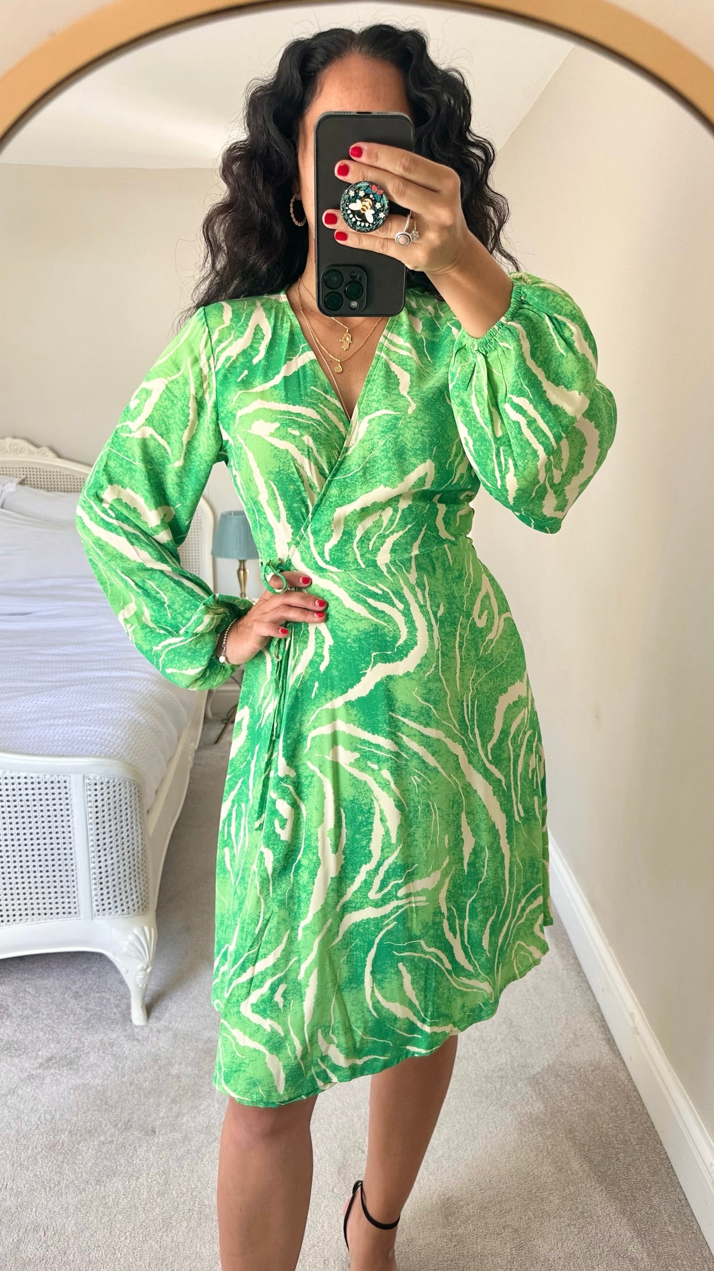 Selected femme @Anthropologie green white ripple print wrap long sleeve mini midi dress extra small XS UK 6 8 vgc