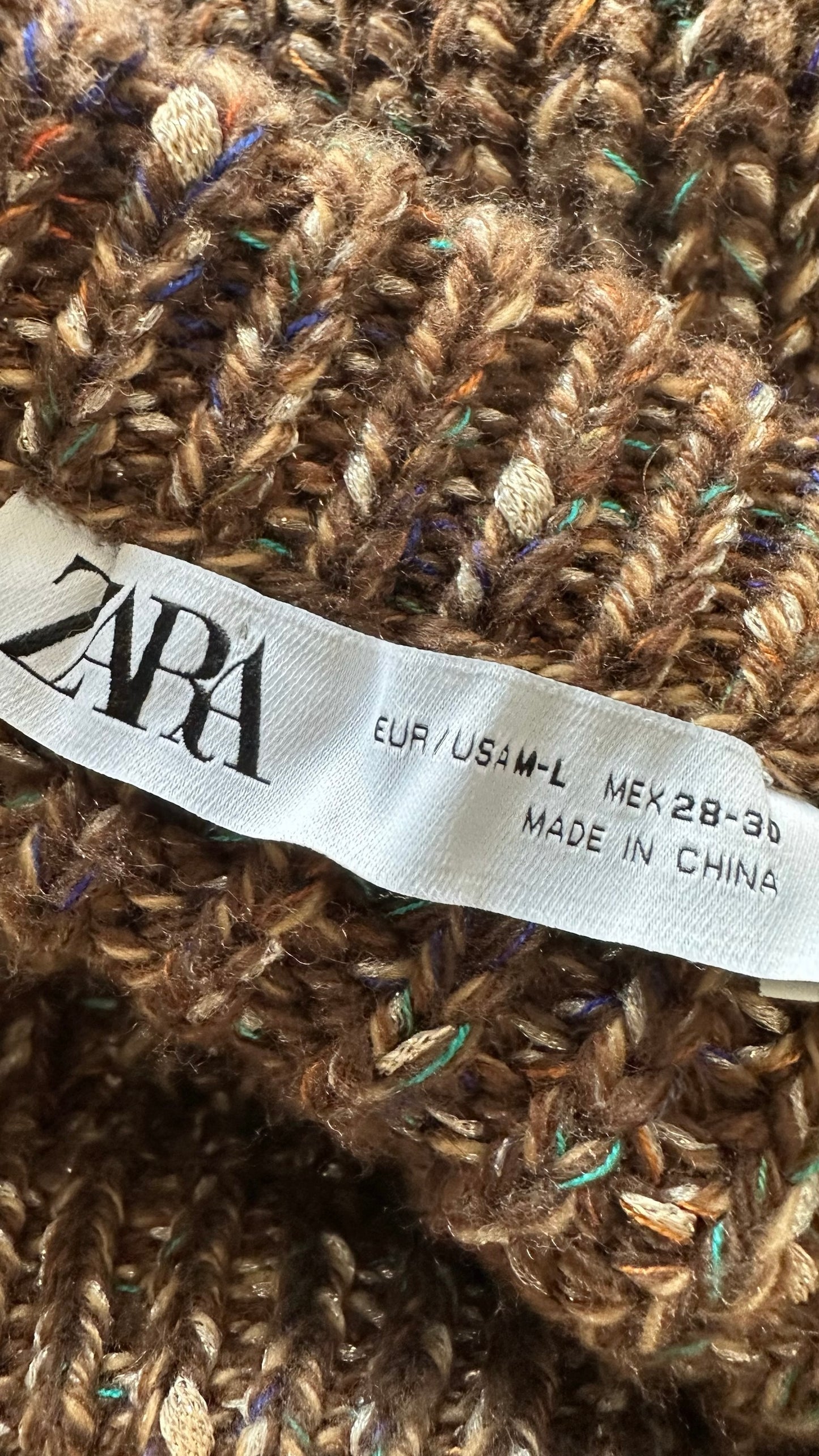 Zara brown sequin frayed hem oversize wool blend chunky knit jumper festival large L UK 12-14 new condition