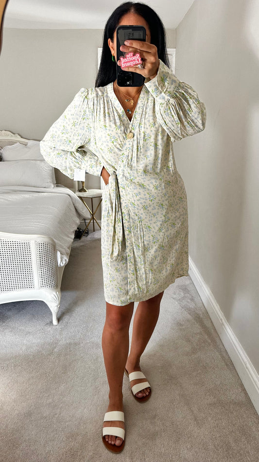 Selected Femme @ Anthropologie cream green floral wrap mini dress medium UK 12 new bnwt