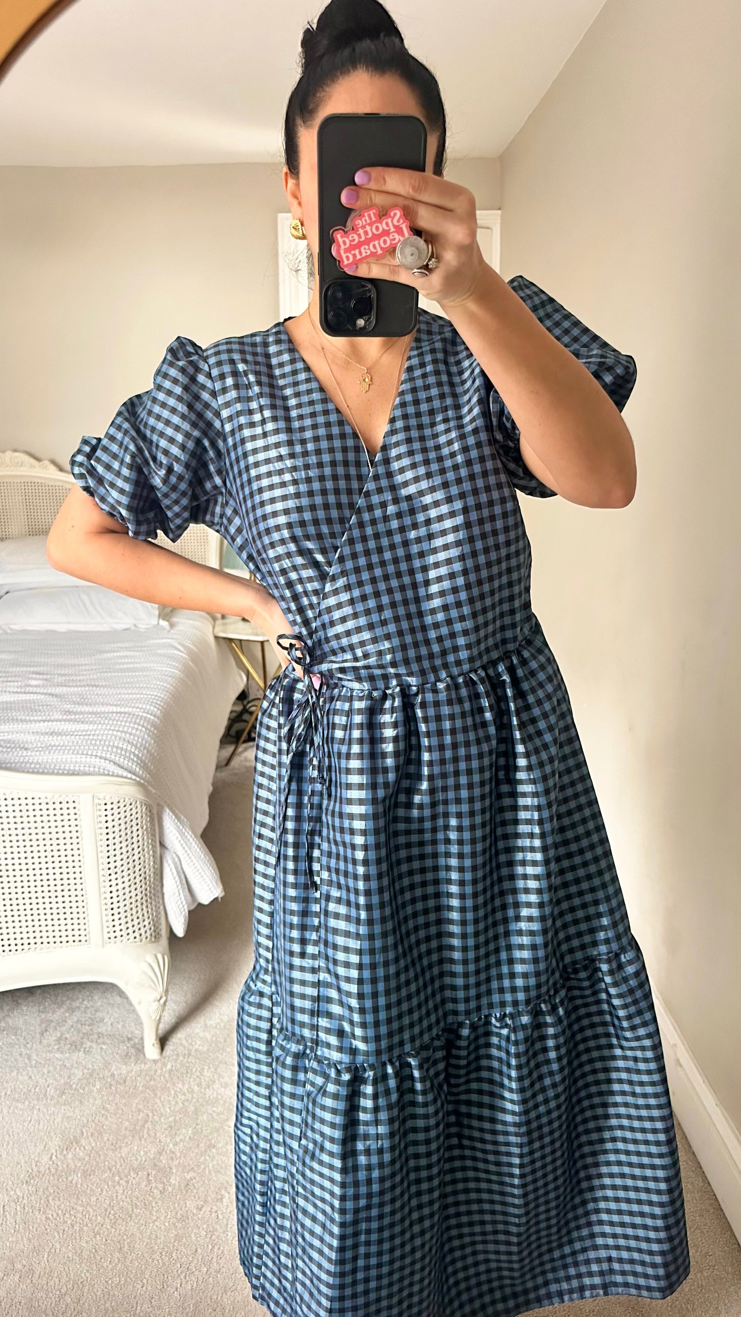 Nobody’s Child navy blue black wrap midi dress tiered gingham check medium UK 14 vgc