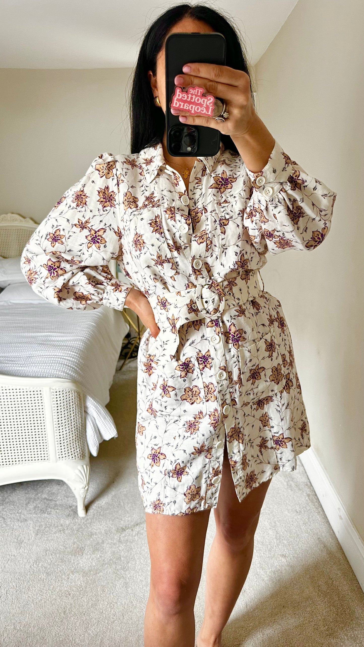 Steele cream lilac floral shirt mini dress linen blend small UK 10-12 vgc