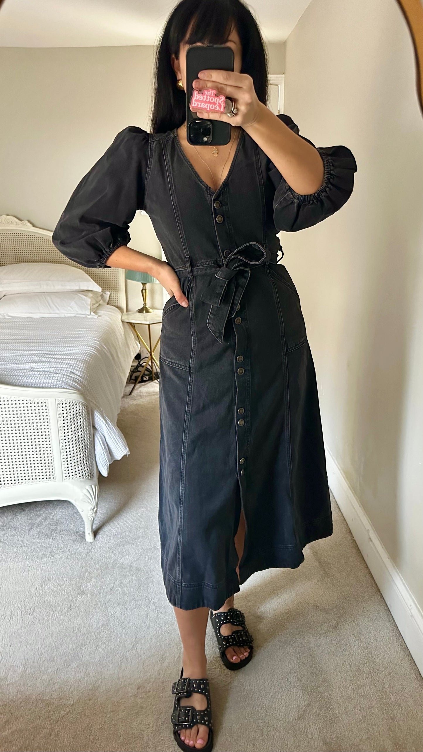 Oliver Bonas black denim jeans button up midi dress small UK 10 vgc