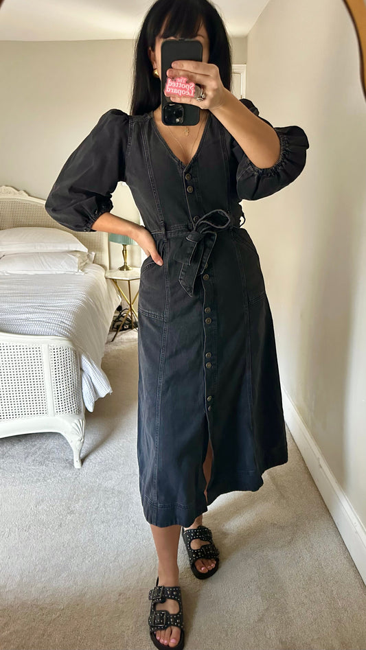 Oliver Bonas black denim jeans button up midi dress small UK 10 vgc