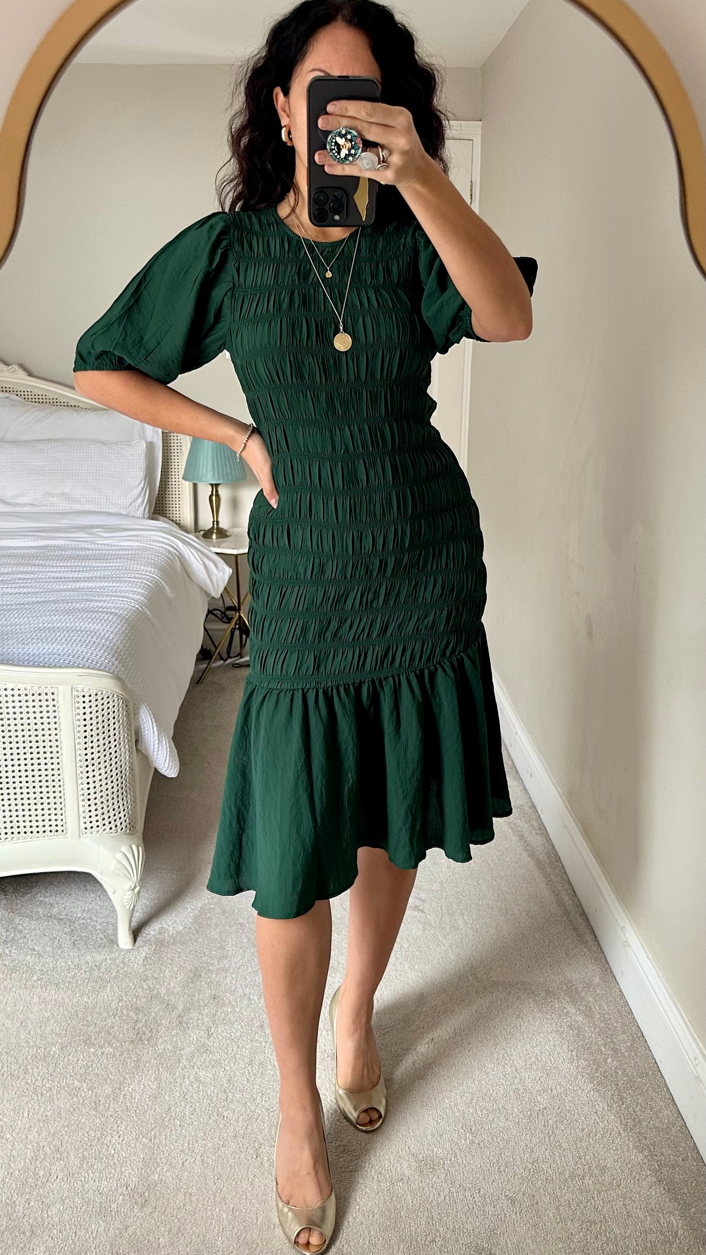 YAS forest dark green rusched shirred midi event Christmas dress medium UK 10 12 new