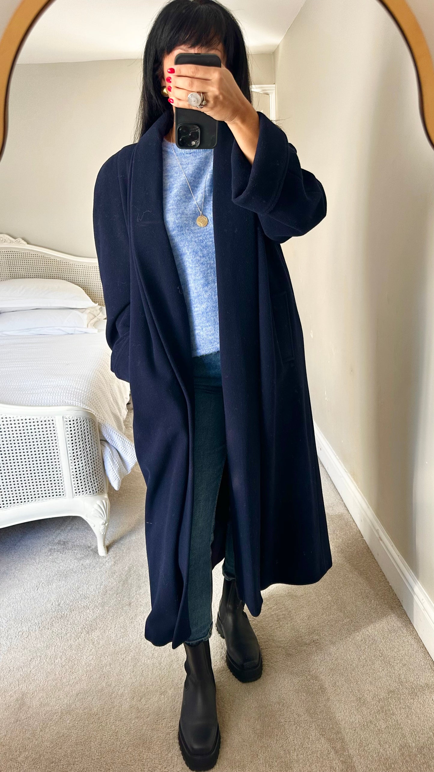 Richard vintage navy blue cashmere wool blend longline maxi coat extra large XL UK 14 excellent used condition
