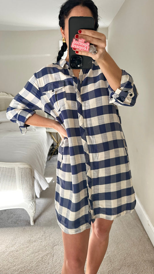 Topshop navy blue cream gingham shirt dress mini medium UK 12 vgc