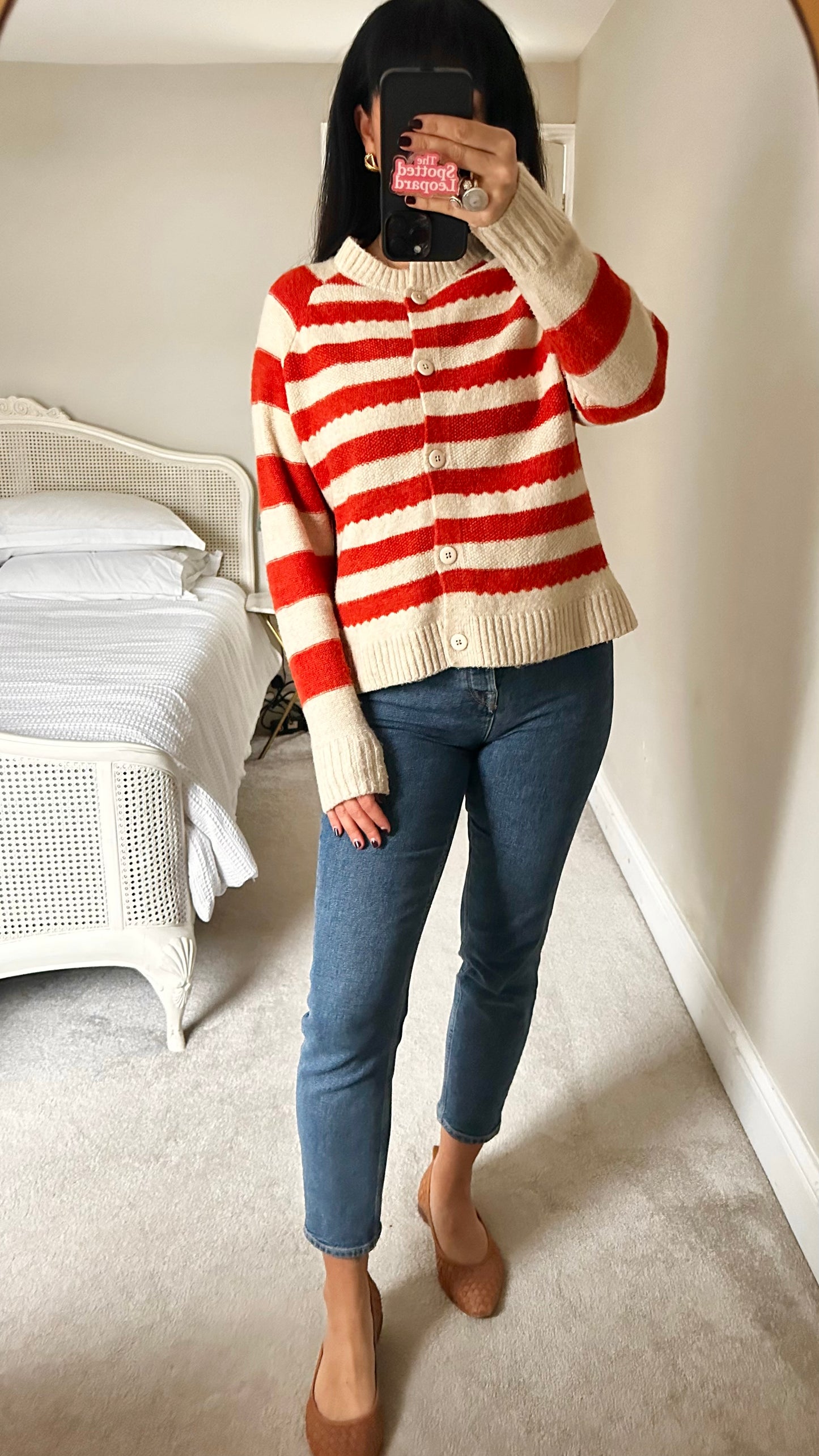 ICHI red beige stripe knitted cardigan jumper large UK 14 vgc