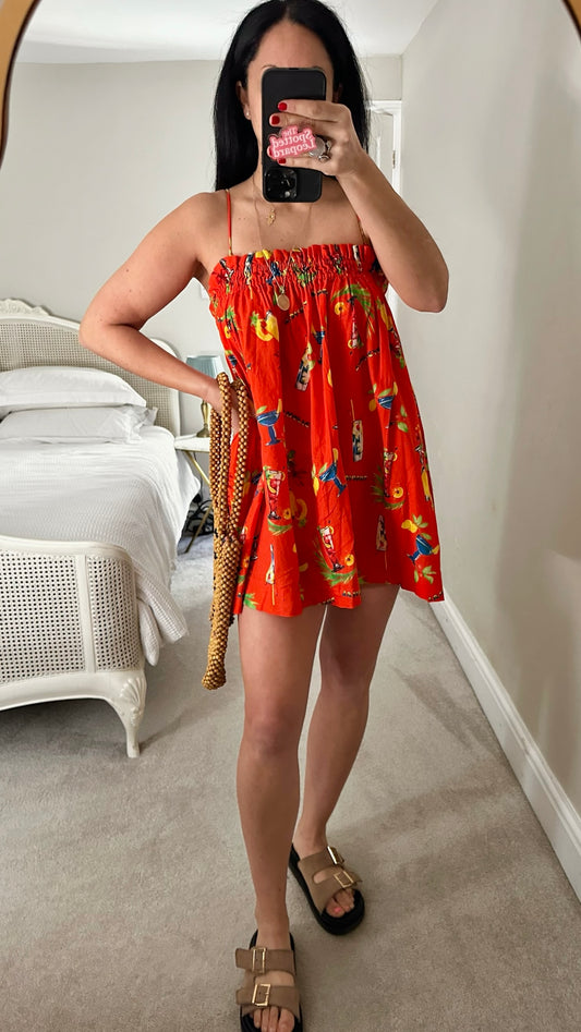Damson madder red toucan holiday print shift dress petite Small UK 10 excellent used condition
