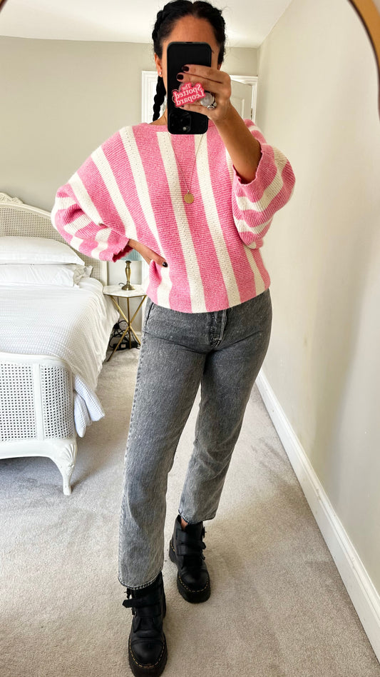 Oliver Bonas pink cream white stripe ice cream jumper small medium UK 10 vgc