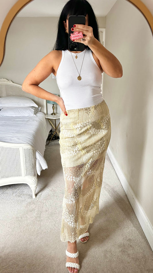 Selected Femme butter yellow cream lace maxi event occasion skirt medium large UK 12 new bnwt