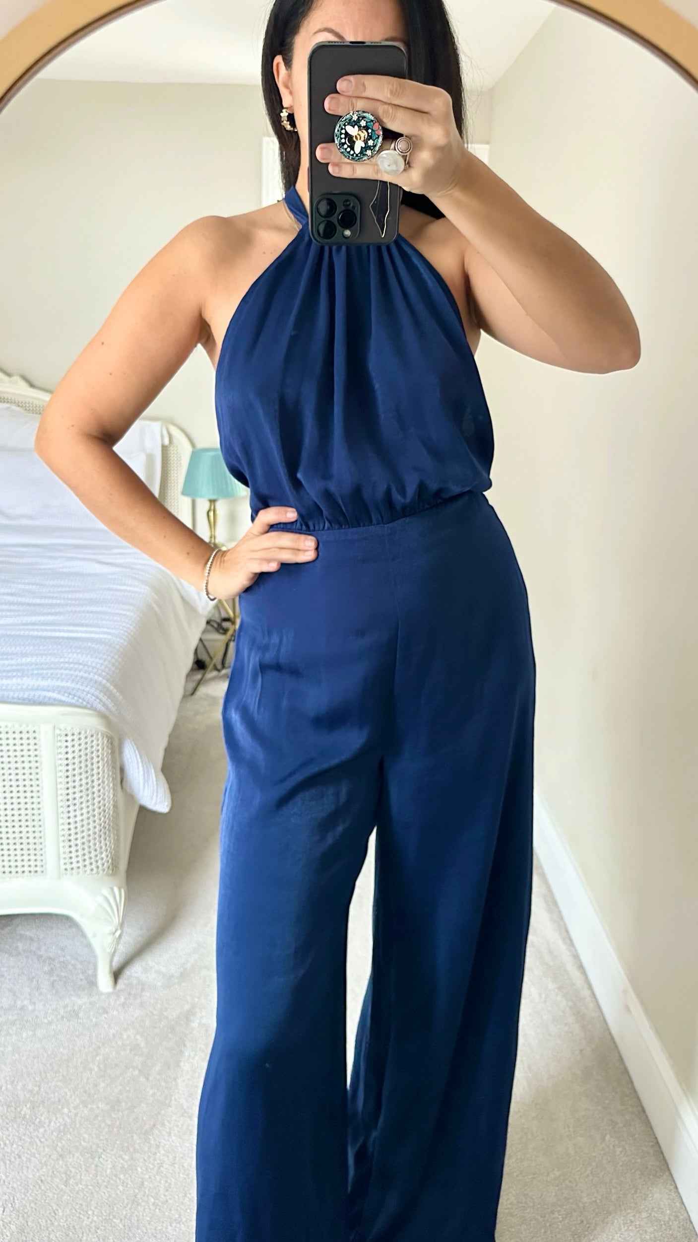 Zara navy blue backless wide leg satin feel jumpsuit party medium M UK 10 vgc