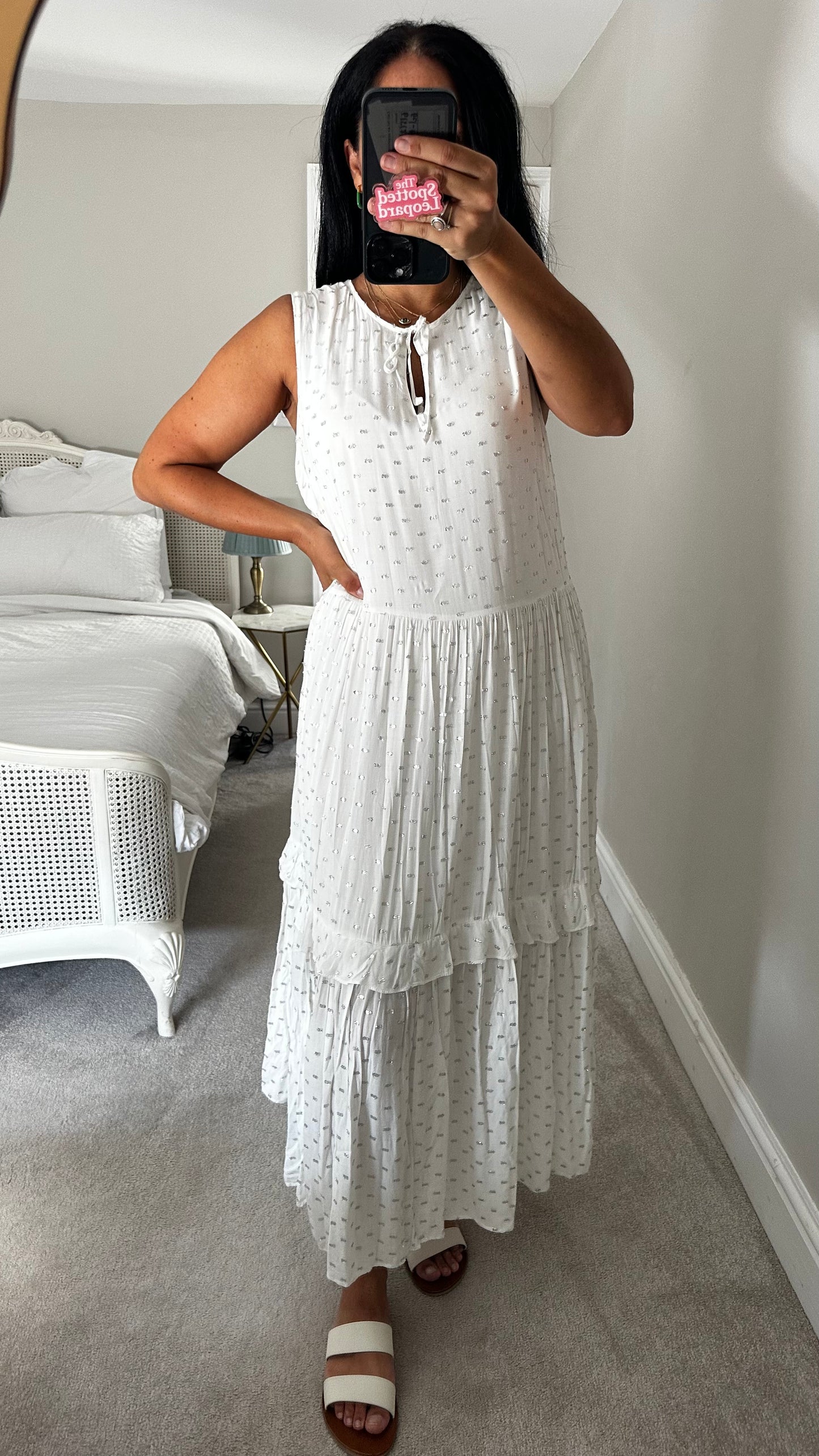 Oliver Bonas white silver polka midi long dress medium UK 12-14 vgc holiday