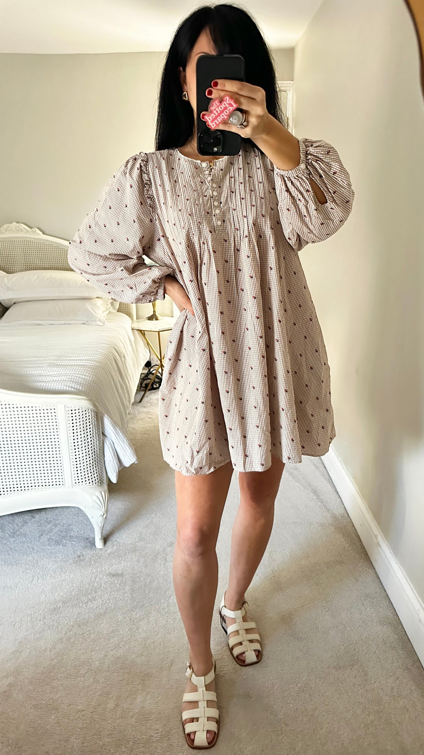 & other stories cream beige gingham check rose embroidered mini swing dress medium UK 14 vgc