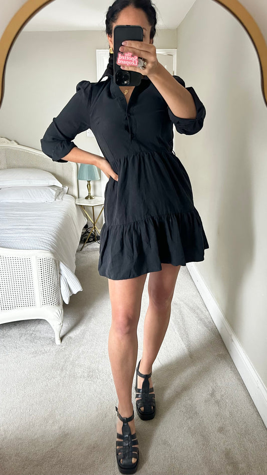 Oliver Bonas black button up tiered mini dress small UK 8 vgc
