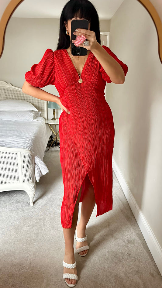 Anthropologie coral red plissé midi event wedding guest dress small UK 6-8-10 new bnwt