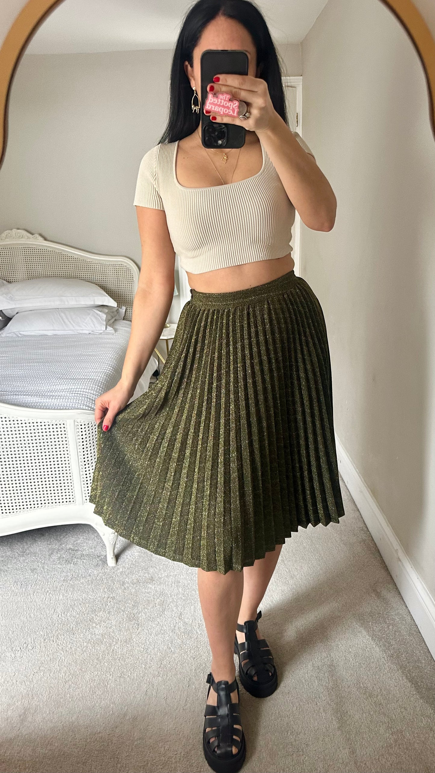 FRNCH khaki green shimmer pleated midi length skirt small UK 8 vgc
