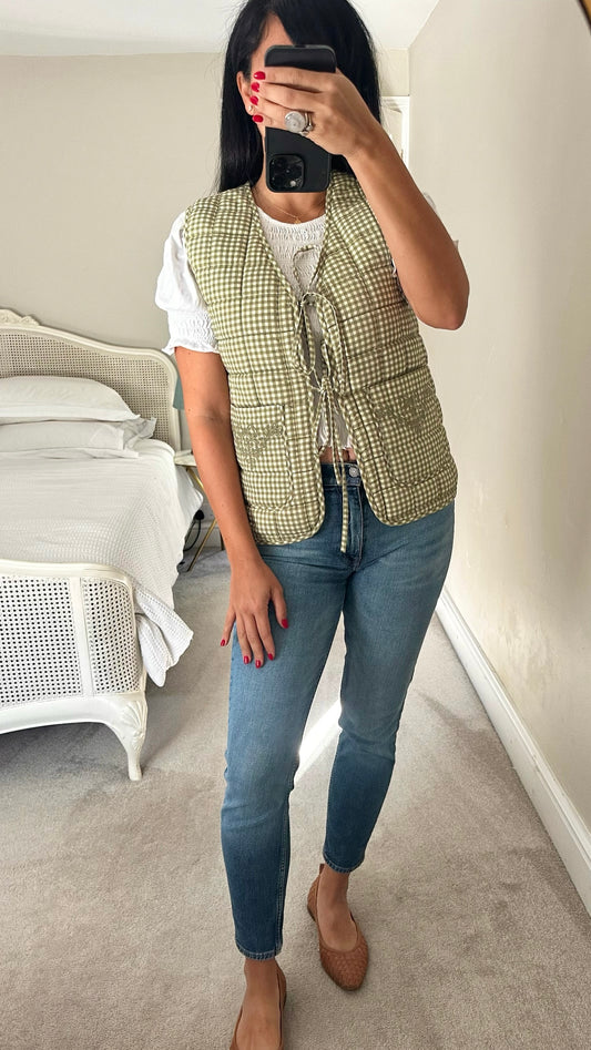 Damson madder green pink gingham quilted reversible waistcoat jacket medium UK 10 vgc