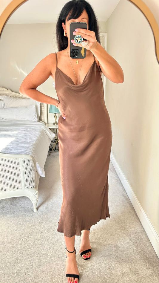 Nobody’s Child chocolate brown cowl neck midi long dress large UK 10 new event