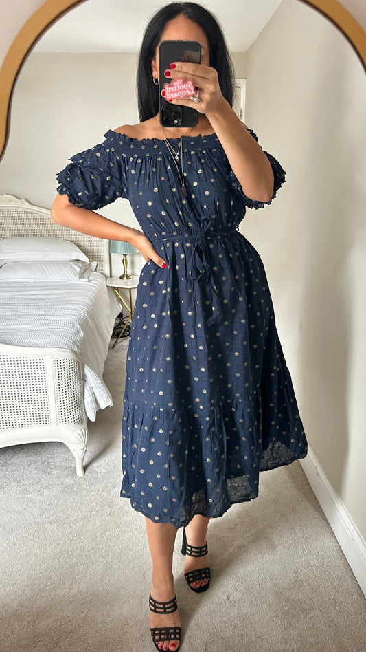 Oliver Bonas navy blue gold printed cotton event dress small UK 8 vgc